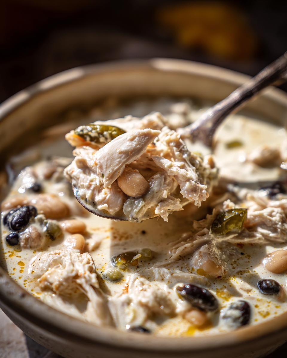 A spoonful of creamy white cream cheese chicken chili, showing shredded chicken, white beans, and green chilies being lifted from a bowl.