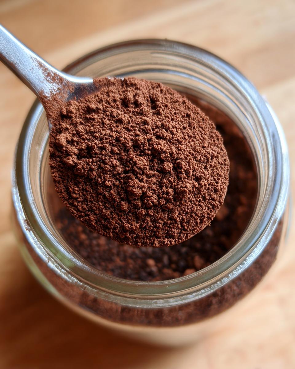 Overhead close-up of a spoonful of rich, dark brown hot cocoa mix being lifted from a glass jar.
