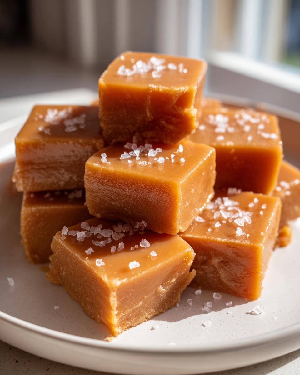 Close-up of a stack of homemade, chewy caramels topped with flaky sea salt.