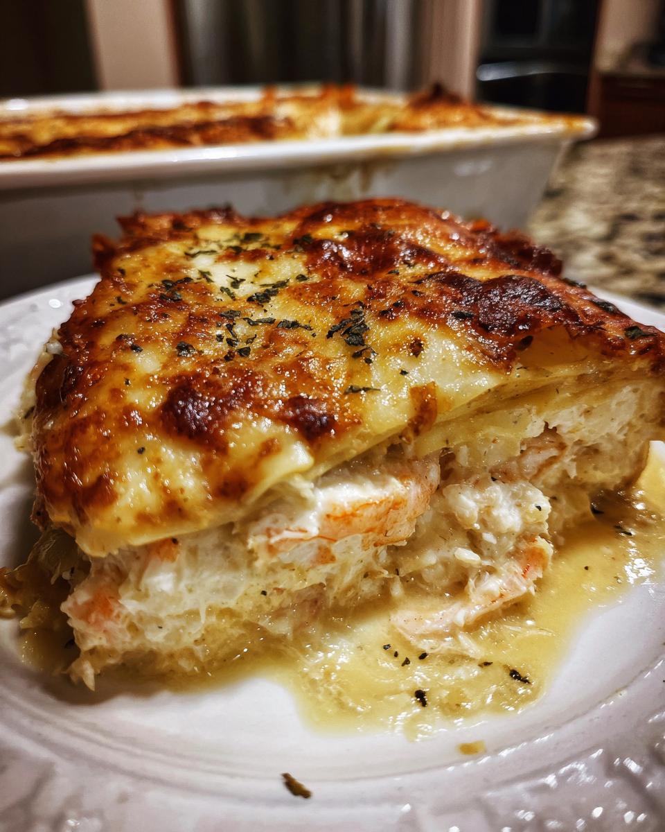 A generous slice of creamy seafood lasagna showing layers of pasta, rich seafood filling, and a bubbly, browned cheese topping.