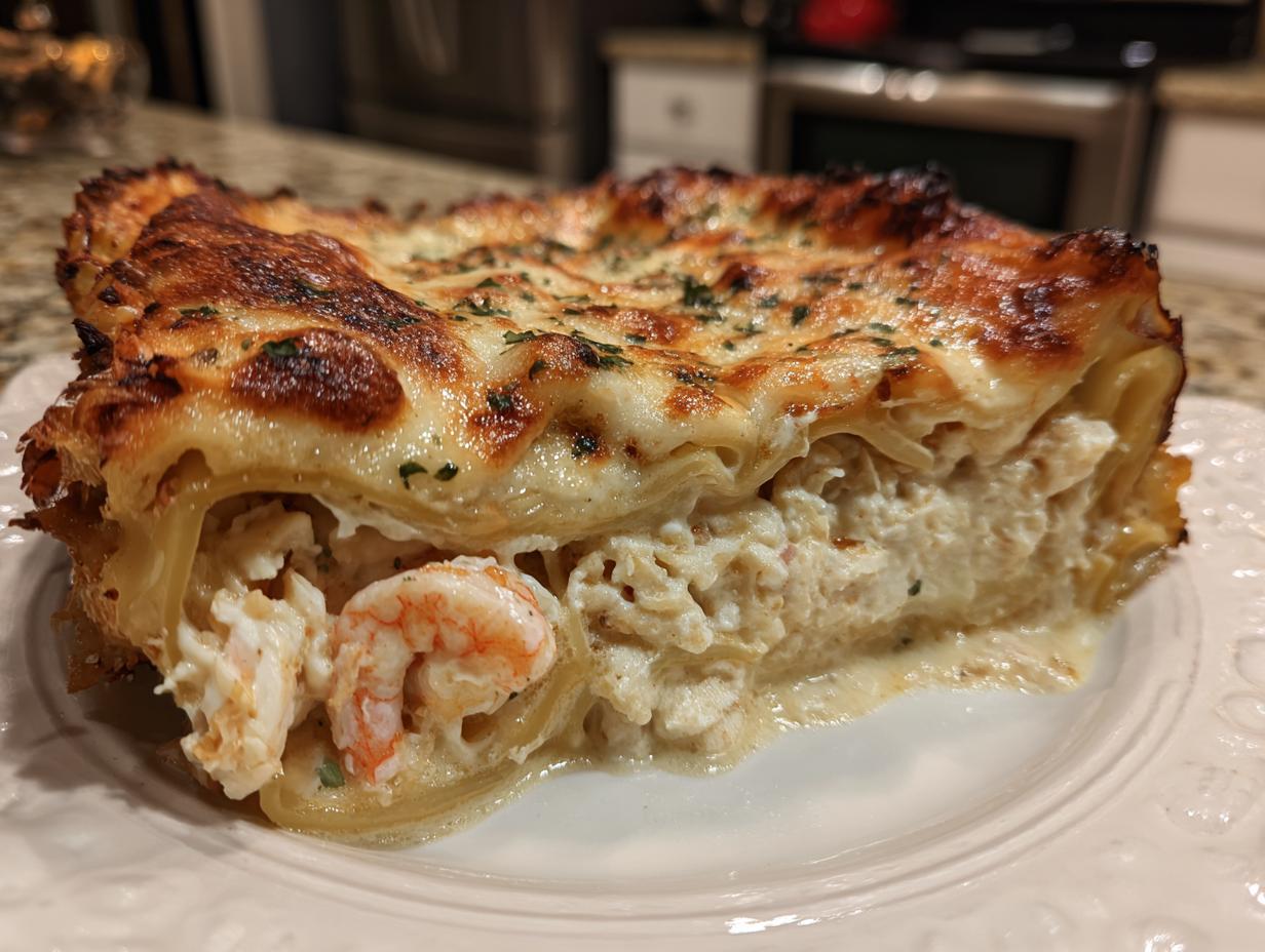 Close-up of a rich slice of seafood lasagna showing creamy filling, pasta layers, and a perfectly browned, cheesy top.