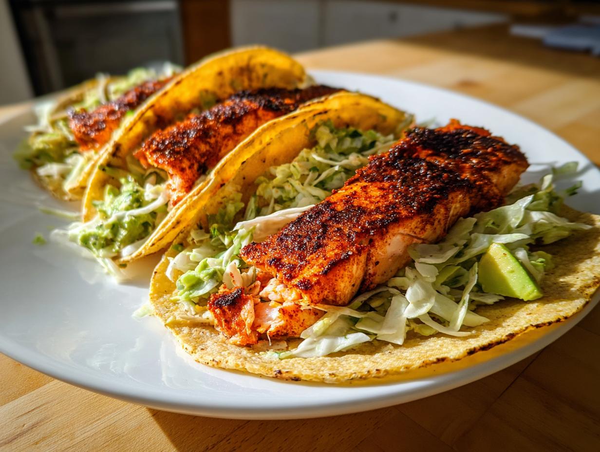 Three delicious salmon tacos filled with blackened salmon, shredded cabbage slaw, and avocado slices.