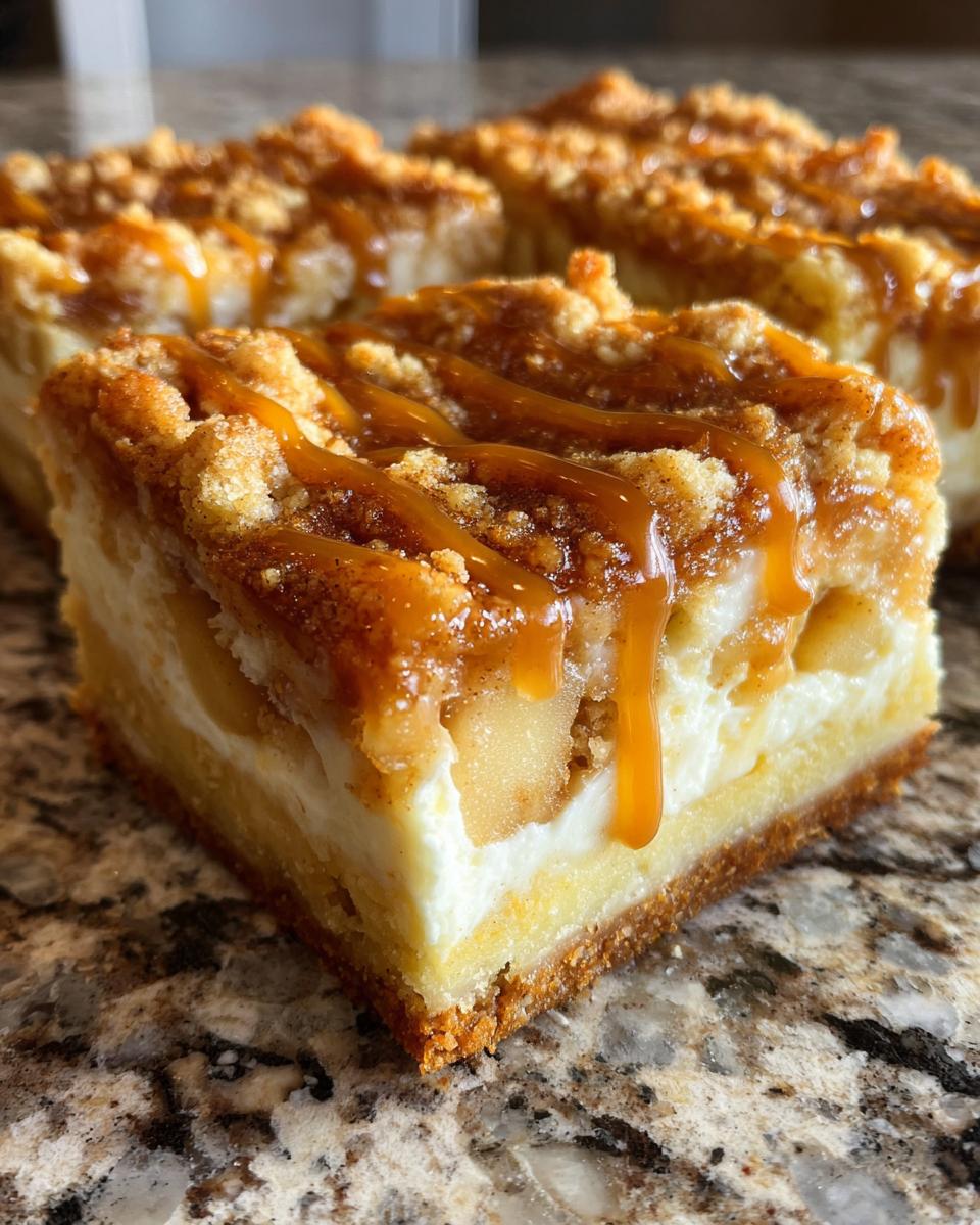 A close-up of a decadent apple cheesecake bars slice showing layers of crust, cream cheese, apples, and a crumb topping drizzled with caramel.