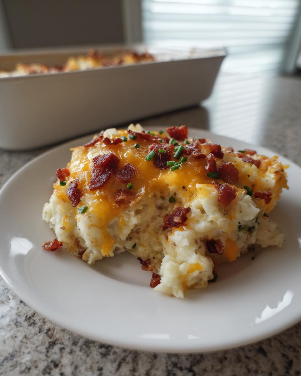 A serving of creamy baked potato casserole topped with melted cheddar cheese, bacon bits, and chives.