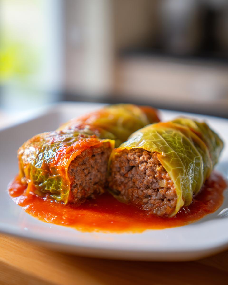 Close-up of two cabbage rolls cut in half, showing the ground meat filling, served in a bright red tomato sauce.