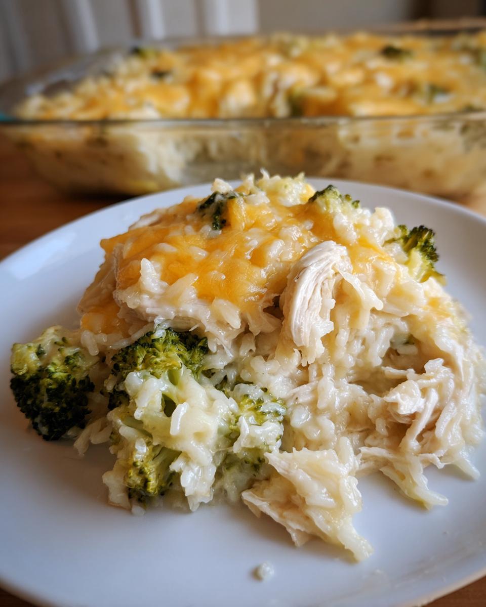 A close-up serving of creamy chicken broccoli rice casserole topped with melted cheddar cheese on a white plate.