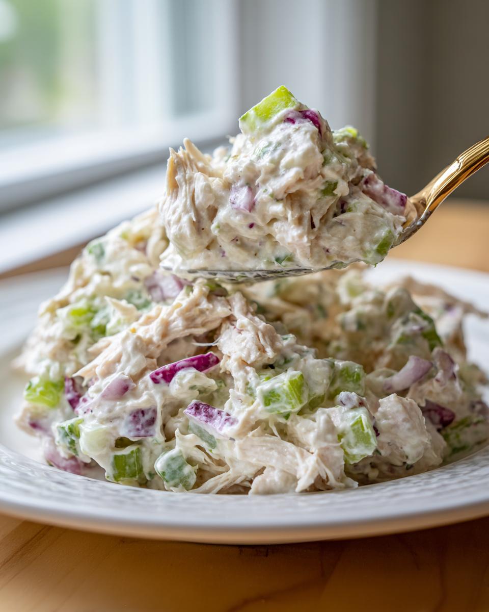 A spoonful of creamy greek yogurt chicken salad featuring shredded chicken, green celery, and red onion, lifted above a white plate.