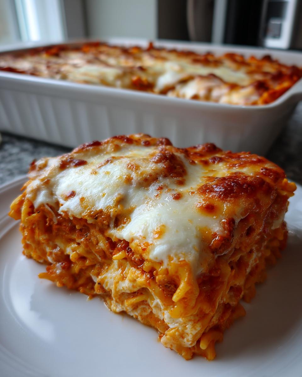 A thick slice of baked pizza casserole with layers of pasta and rich sauce, topped with melted, browned mozzarella cheese.