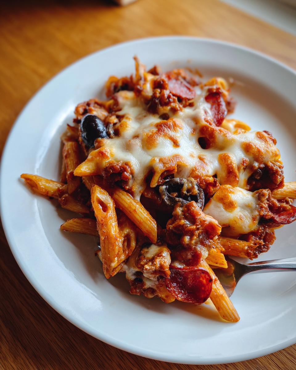 A close-up of a serving of baked pizza pasta topped with melted cheese, pepperoni, and black olives.