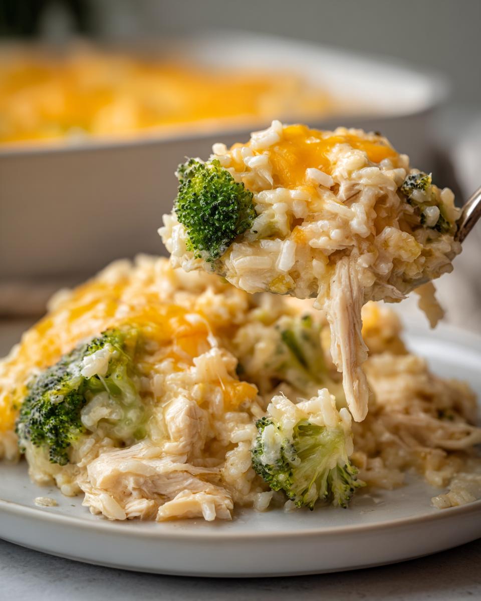 A spoonful of creamy chicken broccoli rice casserole topped with melted cheddar cheese being lifted from a plate.