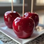 Close-up of three glossy, deep red candy apples on sticks, resting on a white rectangular plate.