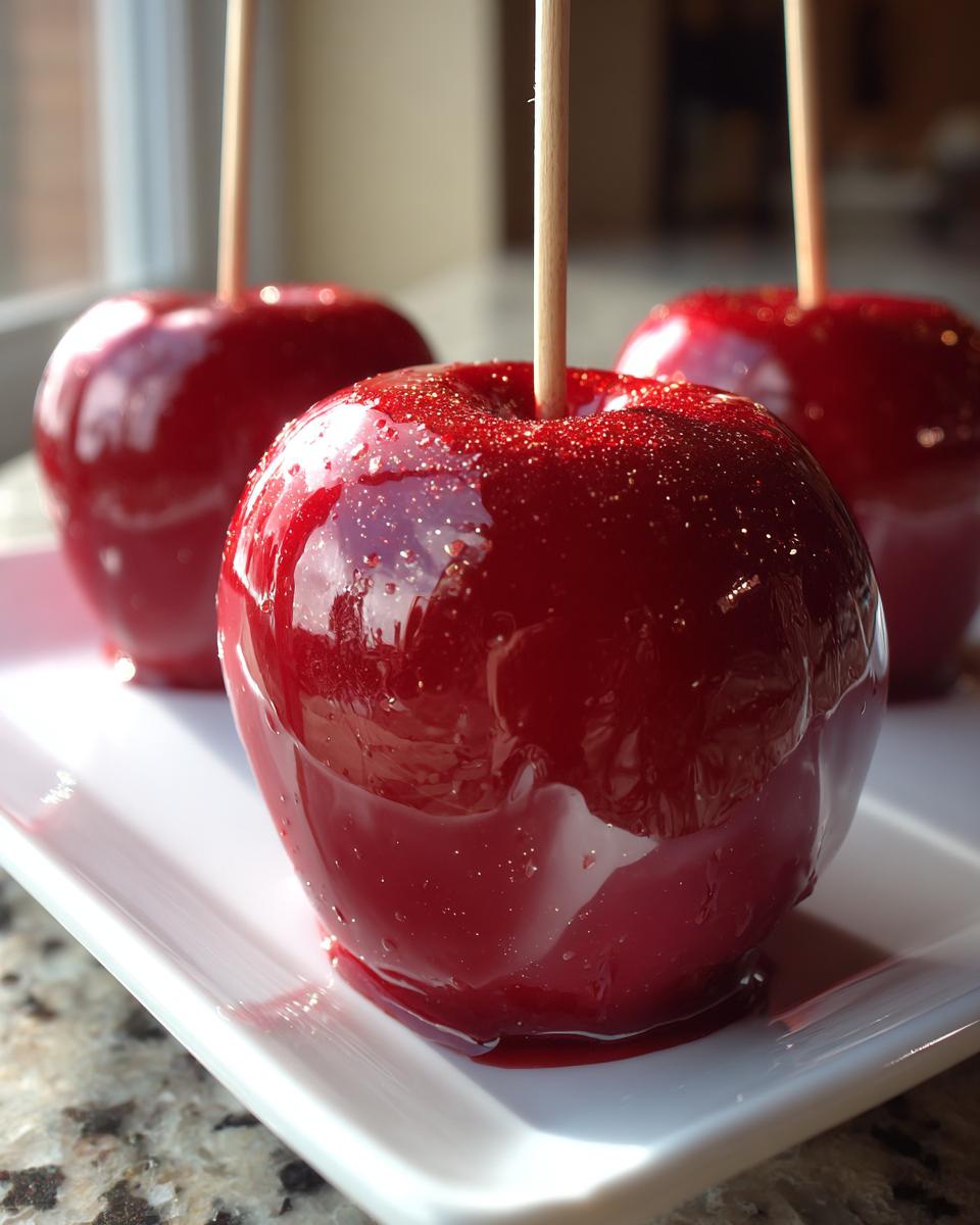 Close-up of three glossy, bright red candy apples on a white tray, sprinkled with edible glitter.