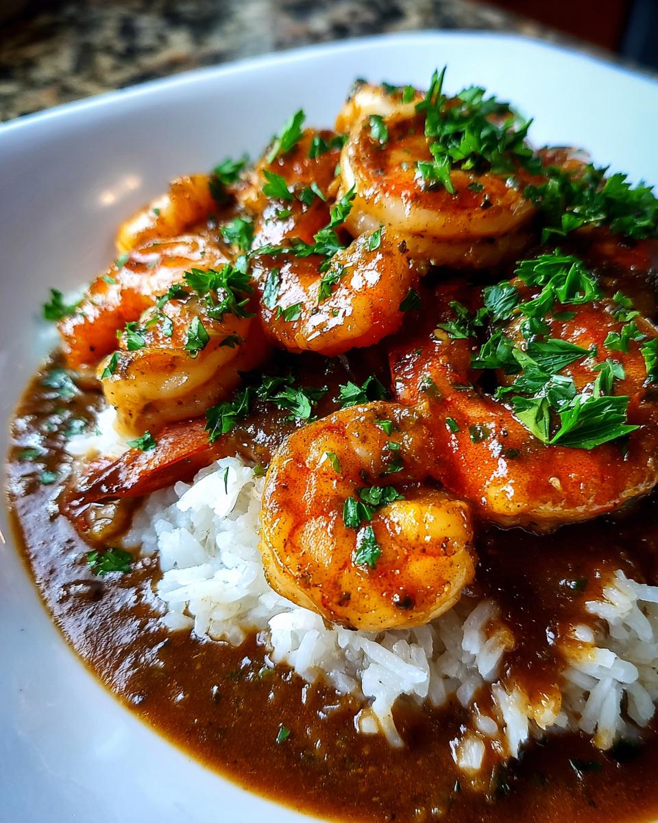 Close-up of rich, dark shrimp etouffee served over fluffy white rice and topped with fresh parsley.