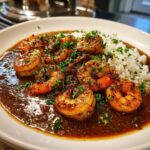 Close-up of a bowl of rich brown shrimp etouffee served next to white rice and garnished with fresh parsley.