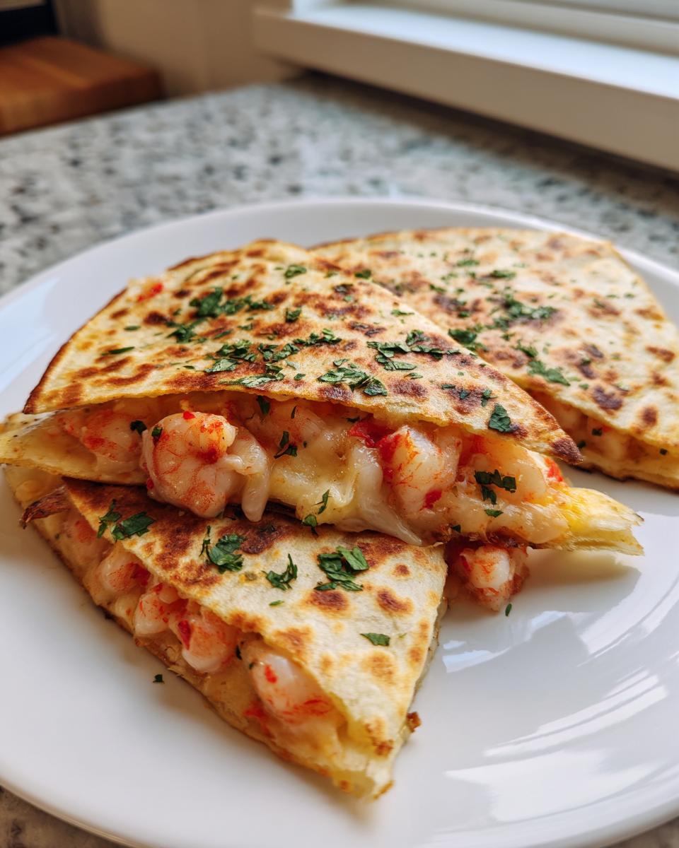 Close-up of a perfectly grilled shrimp quesadilla cut into triangles, showing melted cheese and plump shrimp filling.
