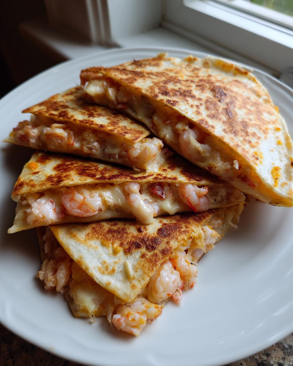 Four golden-brown slices of shrimp quesadilla stacked on a white plate, showing melted cheese and pink shrimp filling.