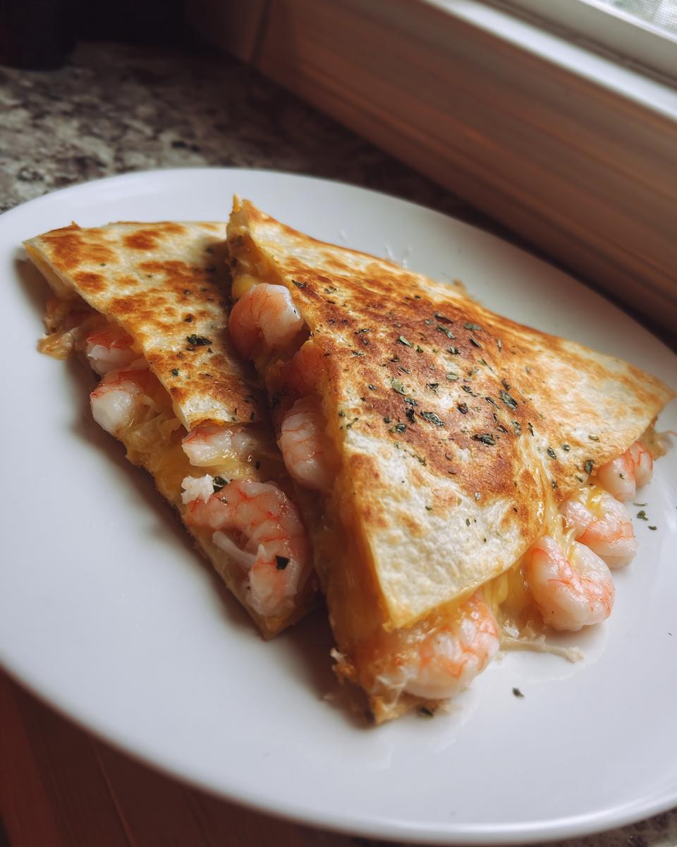 Two golden-brown halves of a shrimp quesadilla filled with pink shrimp and melted cheese, sprinkled with herbs.