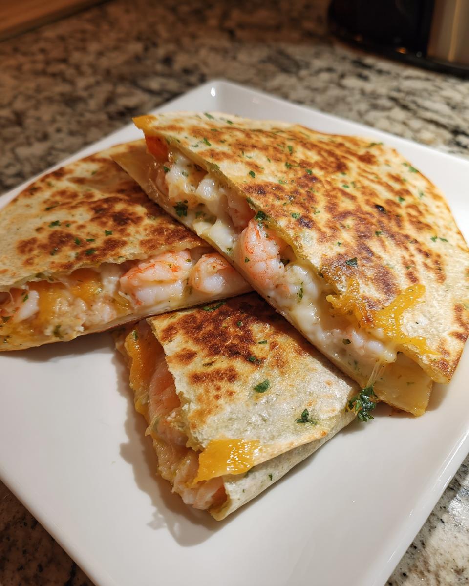 Three wedges of golden-brown shrimp quesadilla filled with melted cheese and pink shrimp, garnished with parsley.
