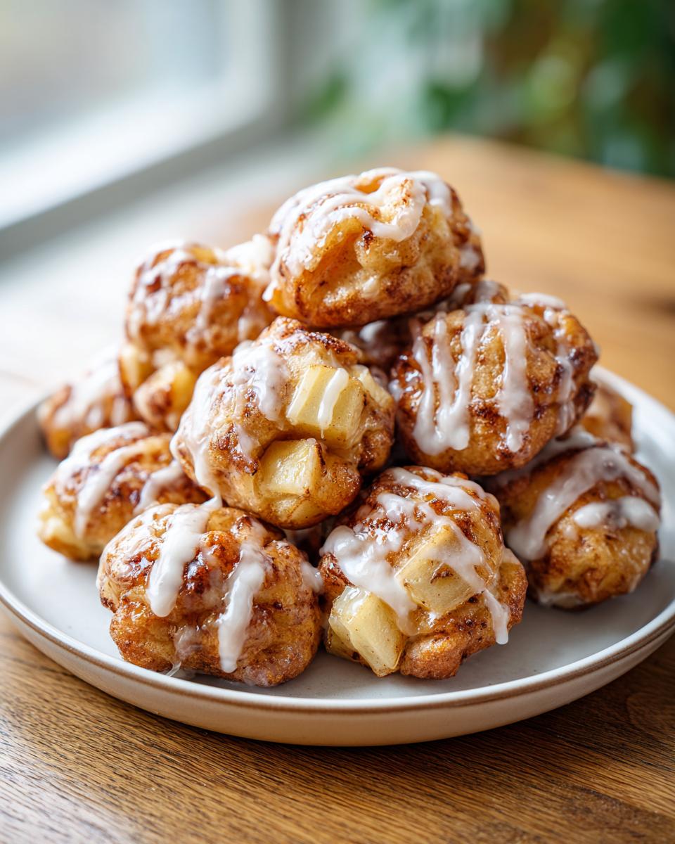 A pile of golden brown apple fritter bites drizzled with white vanilla glaze.