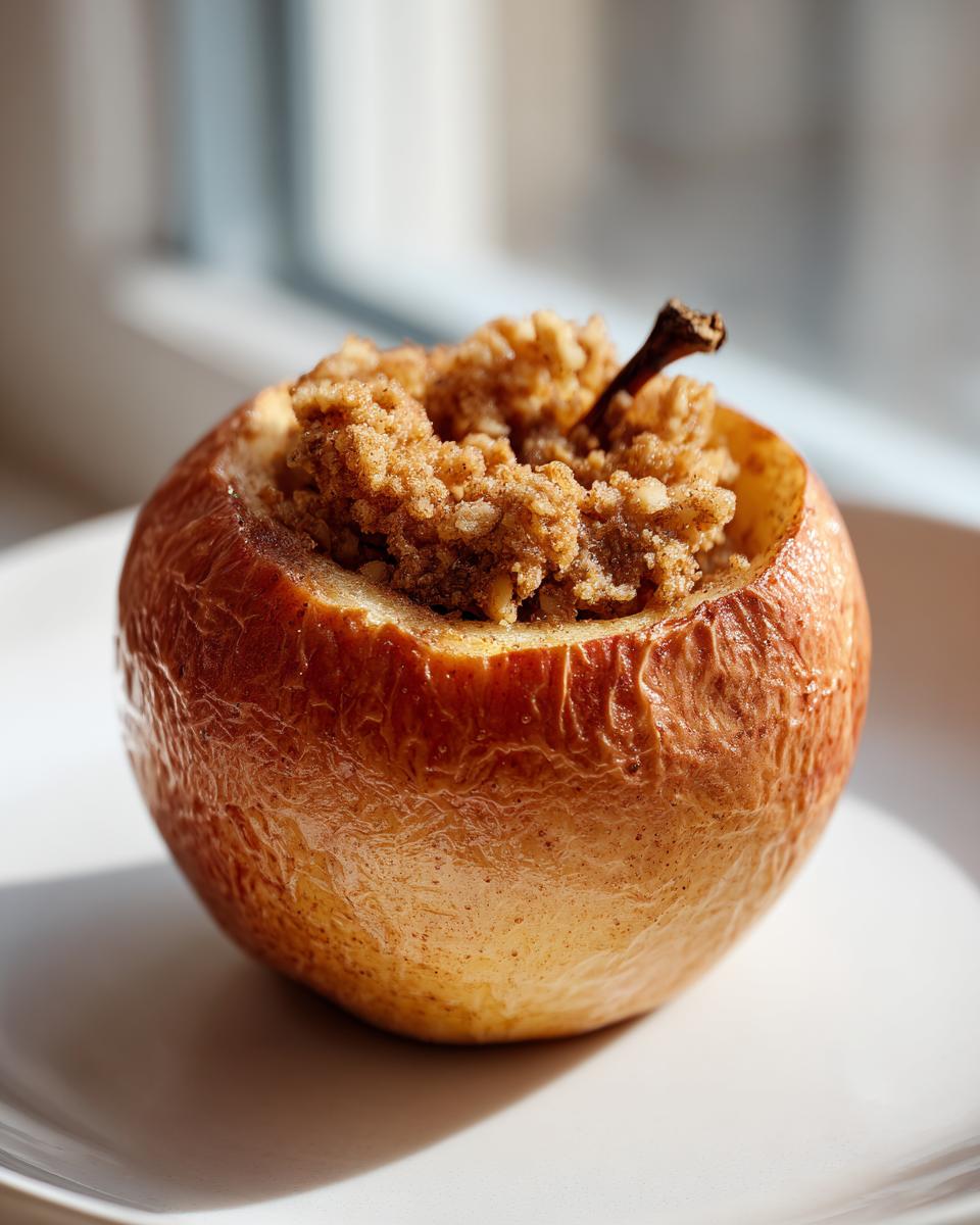 A single, perfectly baked apple sitting on a white plate, filled with a brown sugar crumble topping. This is a great example of baked apples.