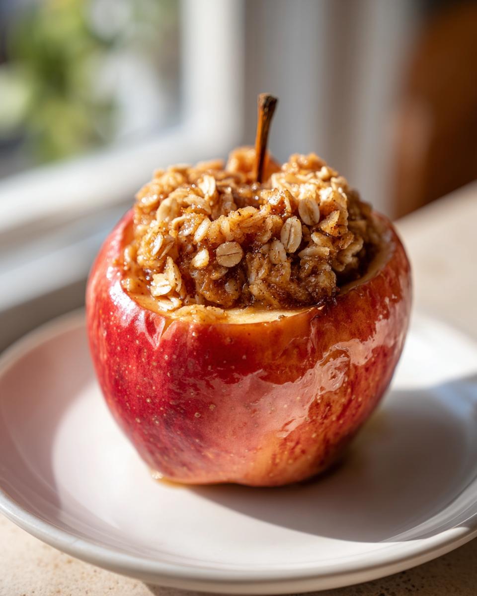 A single, glossy red baked apple filled with an oatmeal crumble topping, sitting on a white plate.