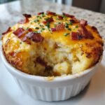 Close-up of a single serving baked potato casserole topped with melted cheddar, bacon bits, and chives.