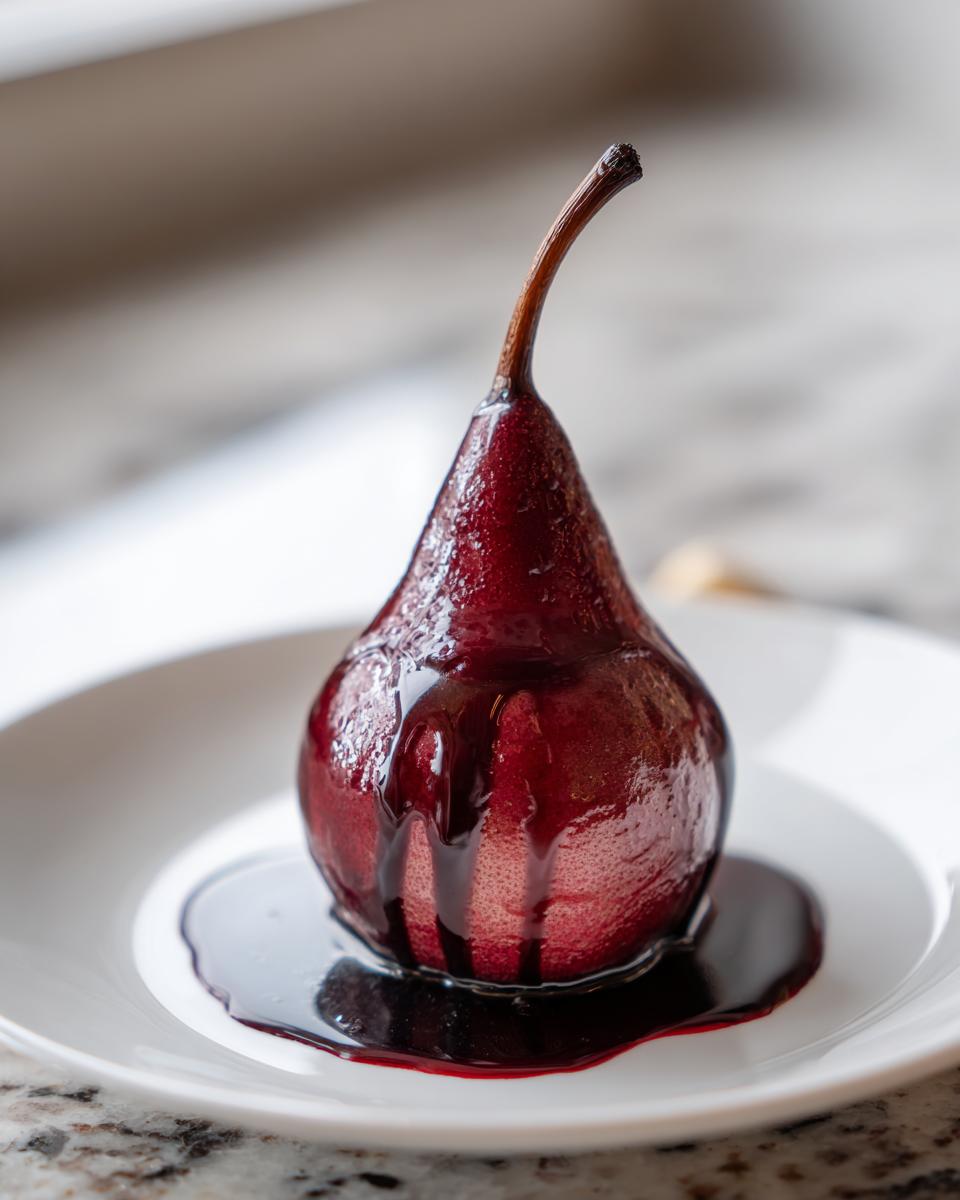 A single, deep red poached pear drizzled with dark syrup, sitting on a white plate.