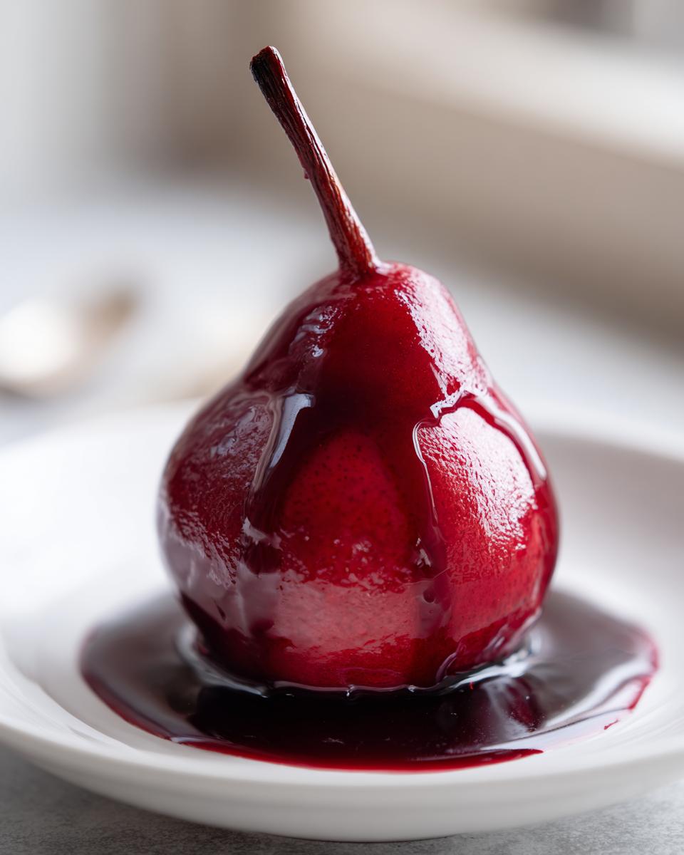 A beautifully glazed, deep red poached pear served on a white plate with its rich poaching syrup.