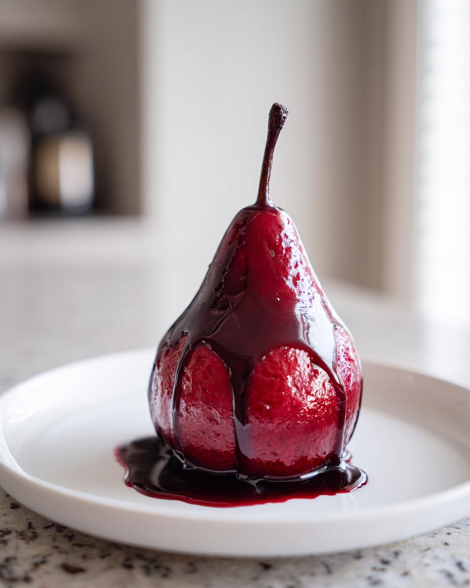 A single, vibrant red wine poached pears served on a white plate, generously drizzled with dark syrup.
