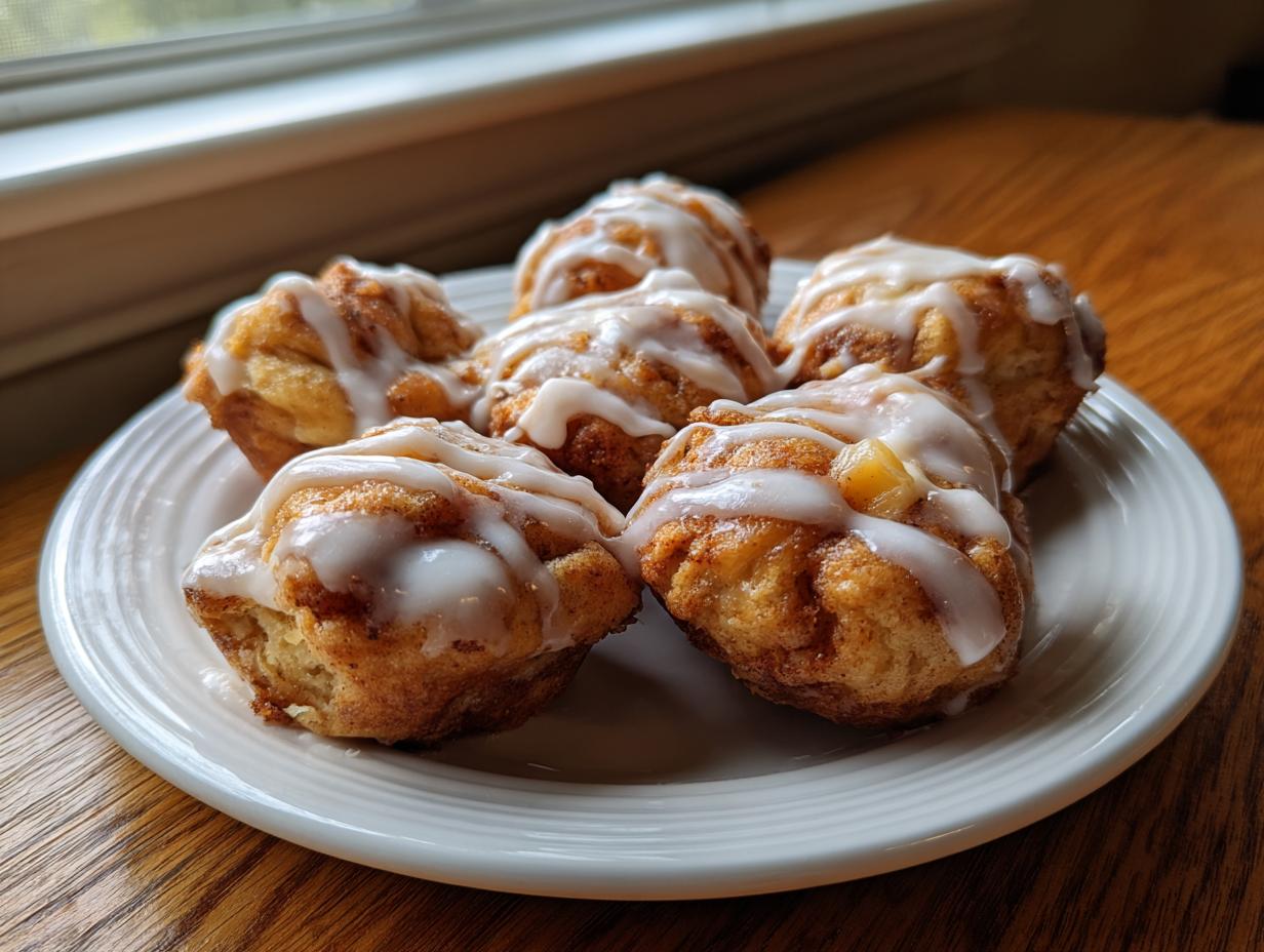 Six golden brown apple fritter bites drizzled with white icing, resting on a white plate near a window.