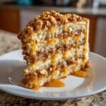 A decadent slice of caramel crunch cake showing multiple layers, creamy filling, and dripping caramel sauce.