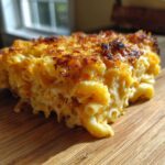 Close-up of a square serving of creamy baked mac and cheese recipe with a golden, crispy breadcrumb topping.