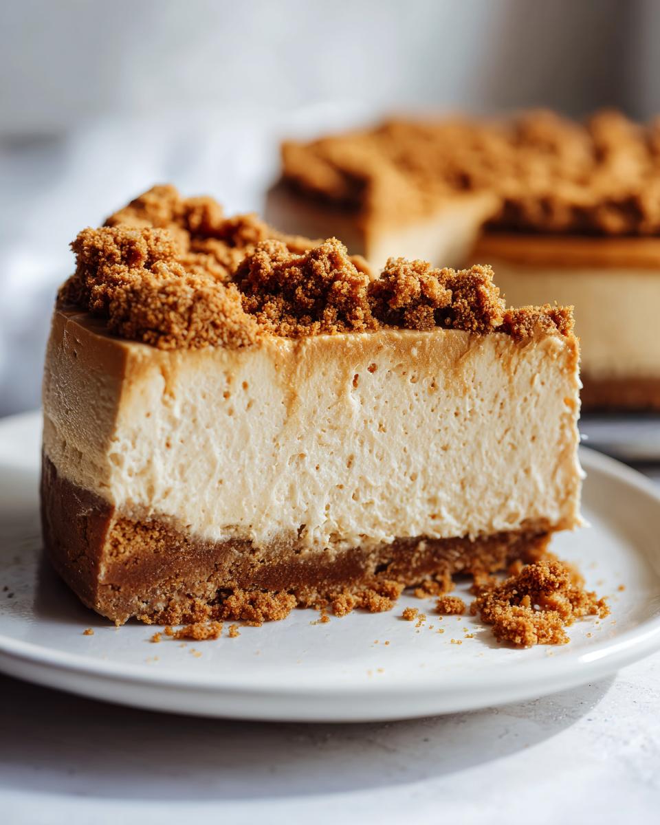 Close-up of a thick slice of creamy biscoff cheesecake on a white plate with a generous crumb topping.