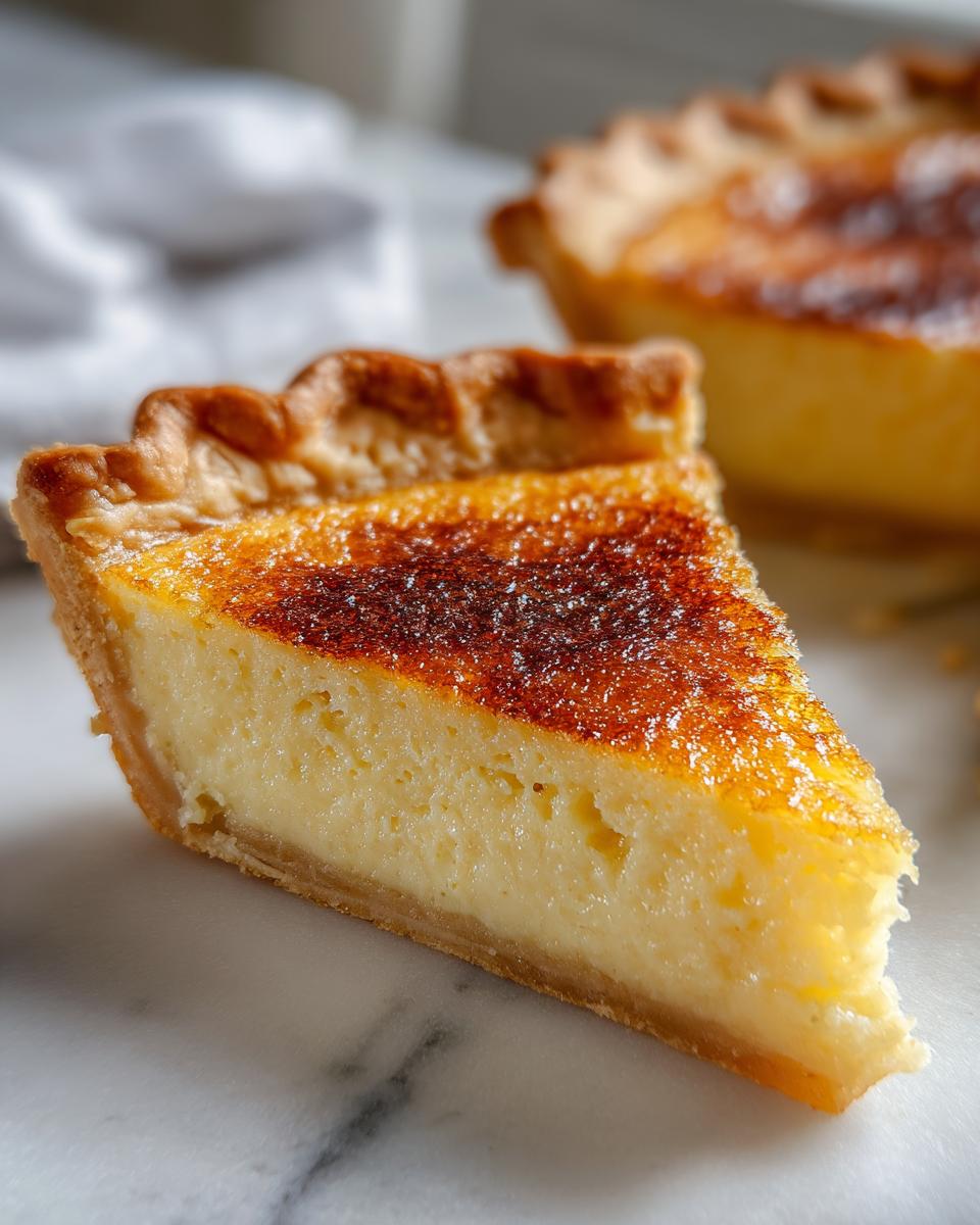 Close-up of a slice of creamy buttermilk pie showing the golden, caramelized top and flaky crust.