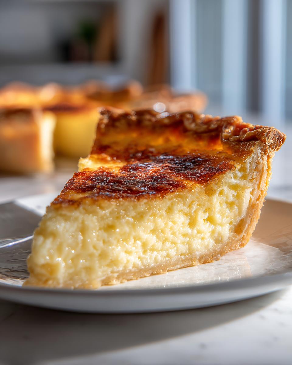 A close-up slice of rich, creamy buttermilk pie with a beautifully browned, caramelized top crust.