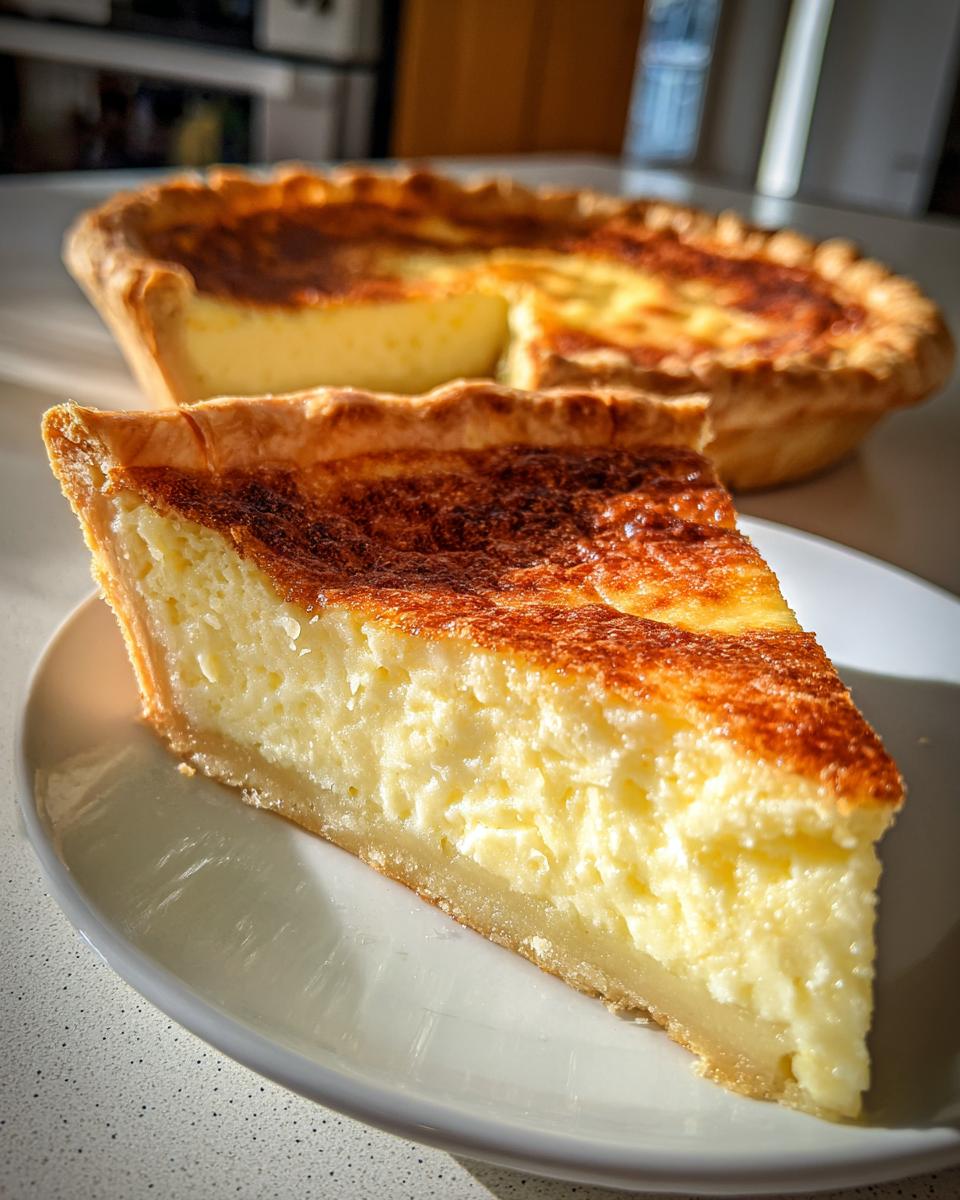 A close-up slice of creamy buttermilk pie with a deeply browned top crust, served on a white plate.