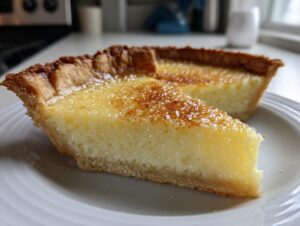 A close-up of a slice of creamy buttermilk pie with a golden, slightly caramelized top, served on a white plate.