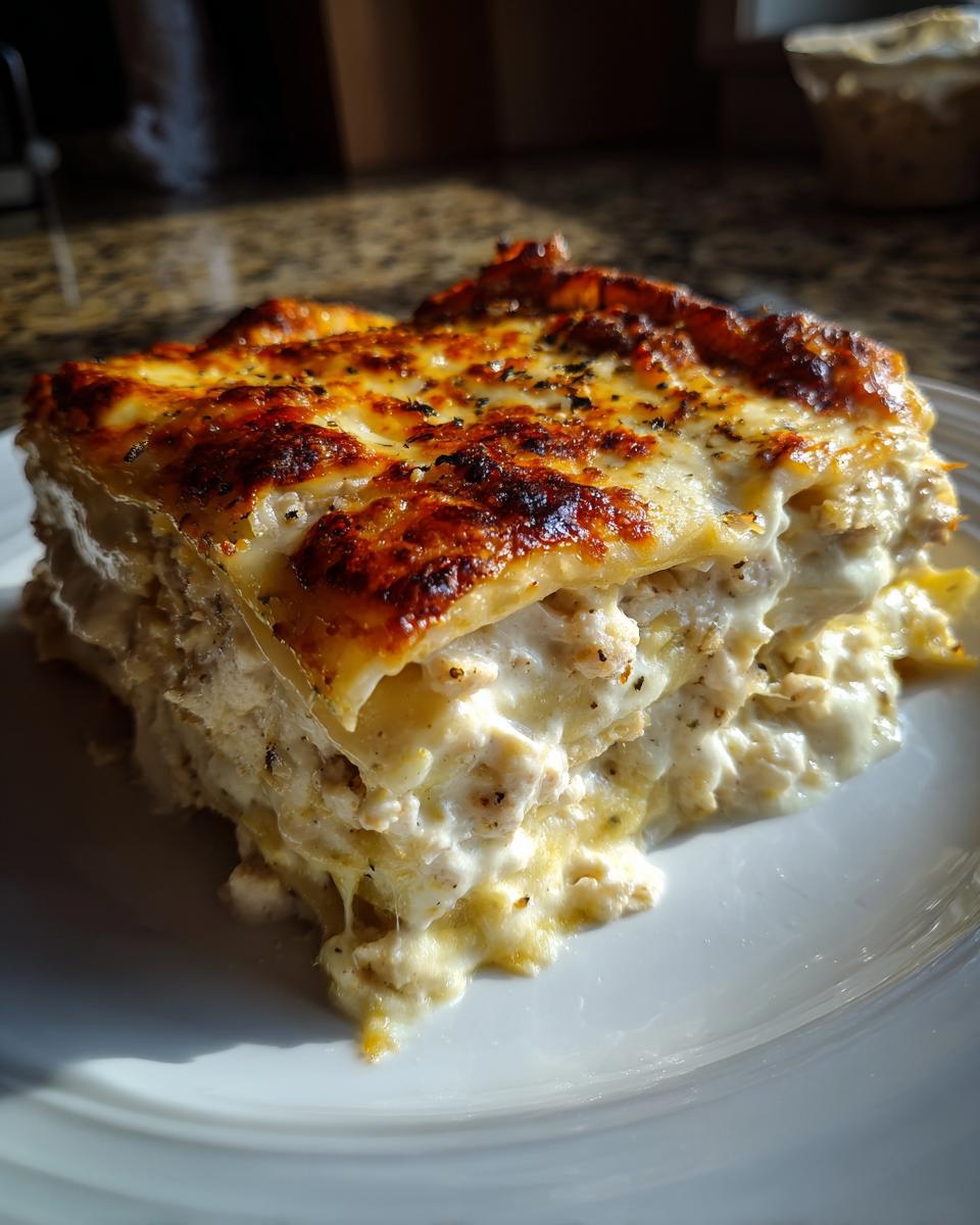 A rich, layered slice of chicken alfredo lasagna with a bubbly, browned cheese top, served on a white plate.