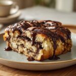 A decadent slice of chocolate babka showing swirled layers and a thick chocolate glaze drizzled over the top.