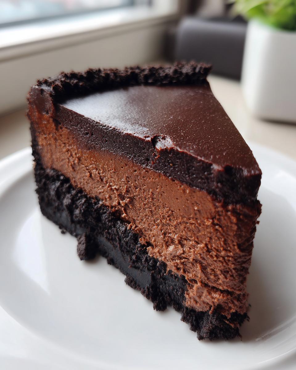 A perfect slice of rich, layered chocolate cheesecake with a dark crust and glossy topping.