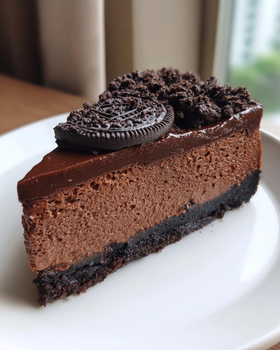 A decadent slice of chocolate cheesecake with a dark cookie crust, topped with ganache and an Oreo cookie.