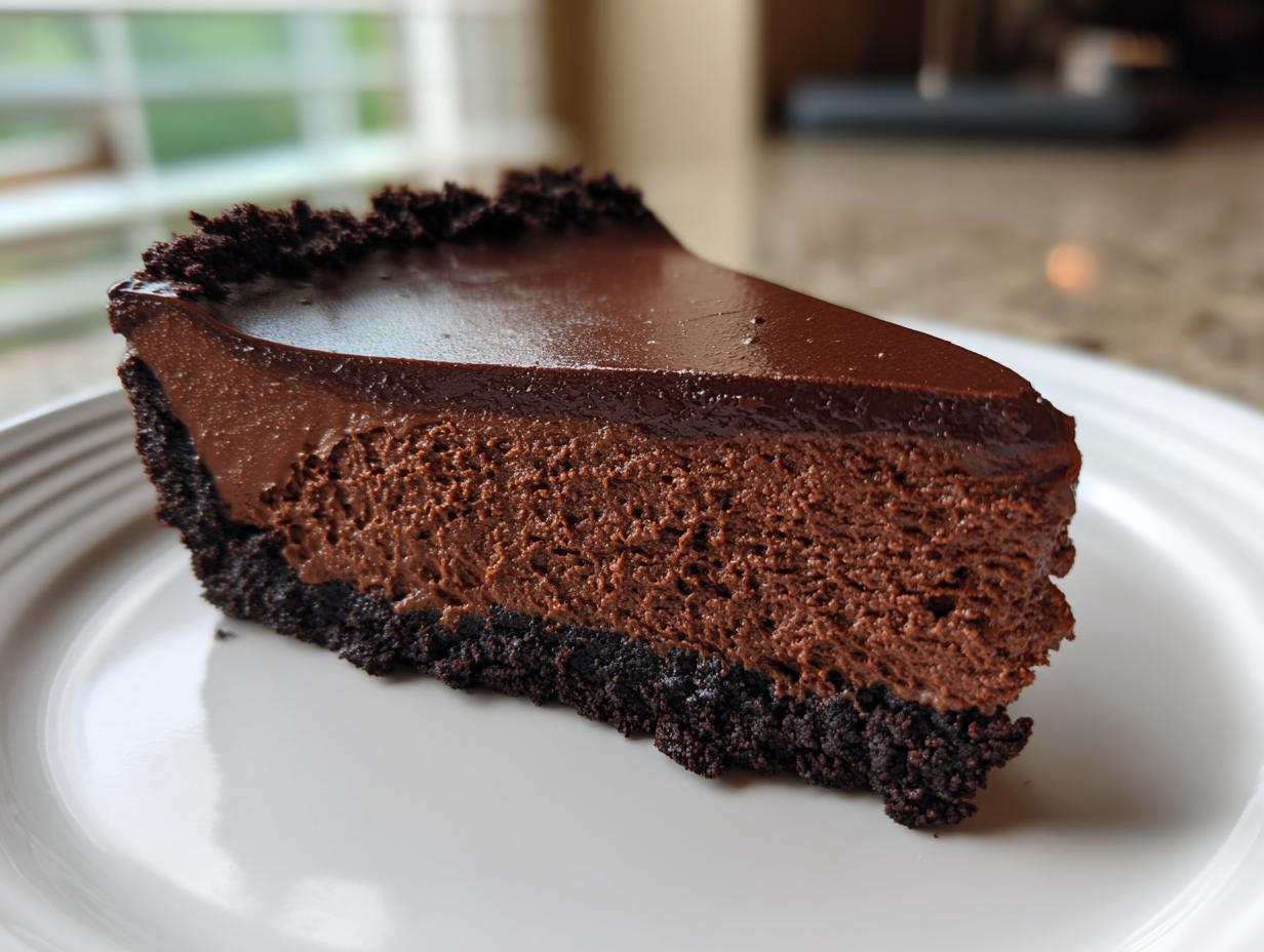 A perfect slice of rich chocolate cheesecake with a dark crust and glossy topping.