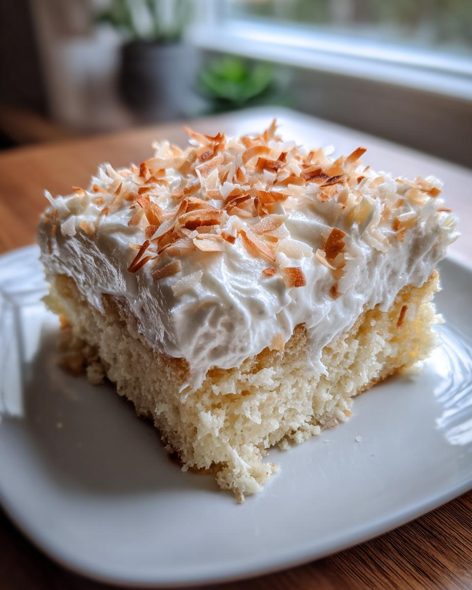 A square slice of moist coconut poke cake topped with whipped cream and toasted coconut flakes.
