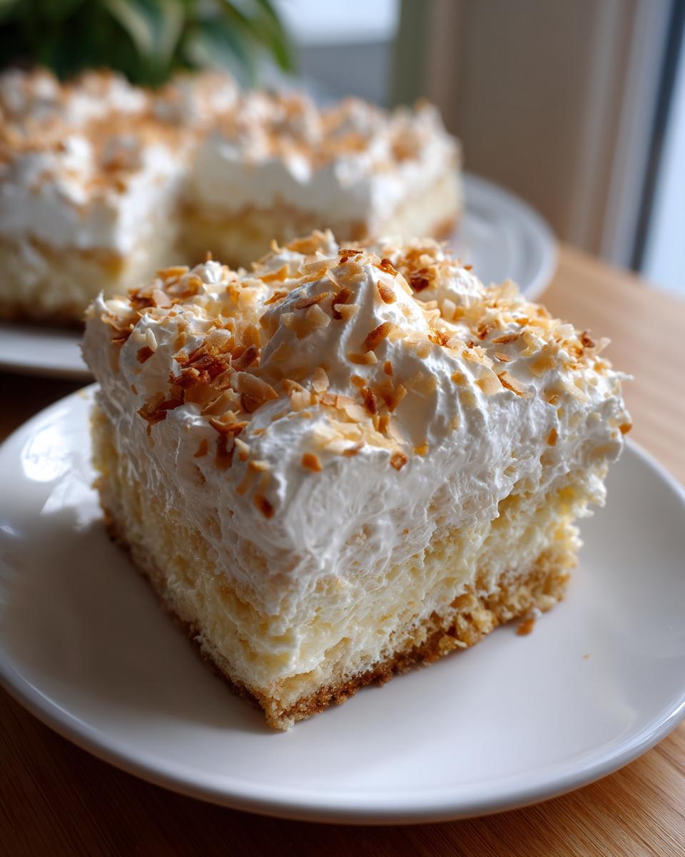 A square slice of moist coconut poke cake topped with whipped cream and toasted coconut flakes.