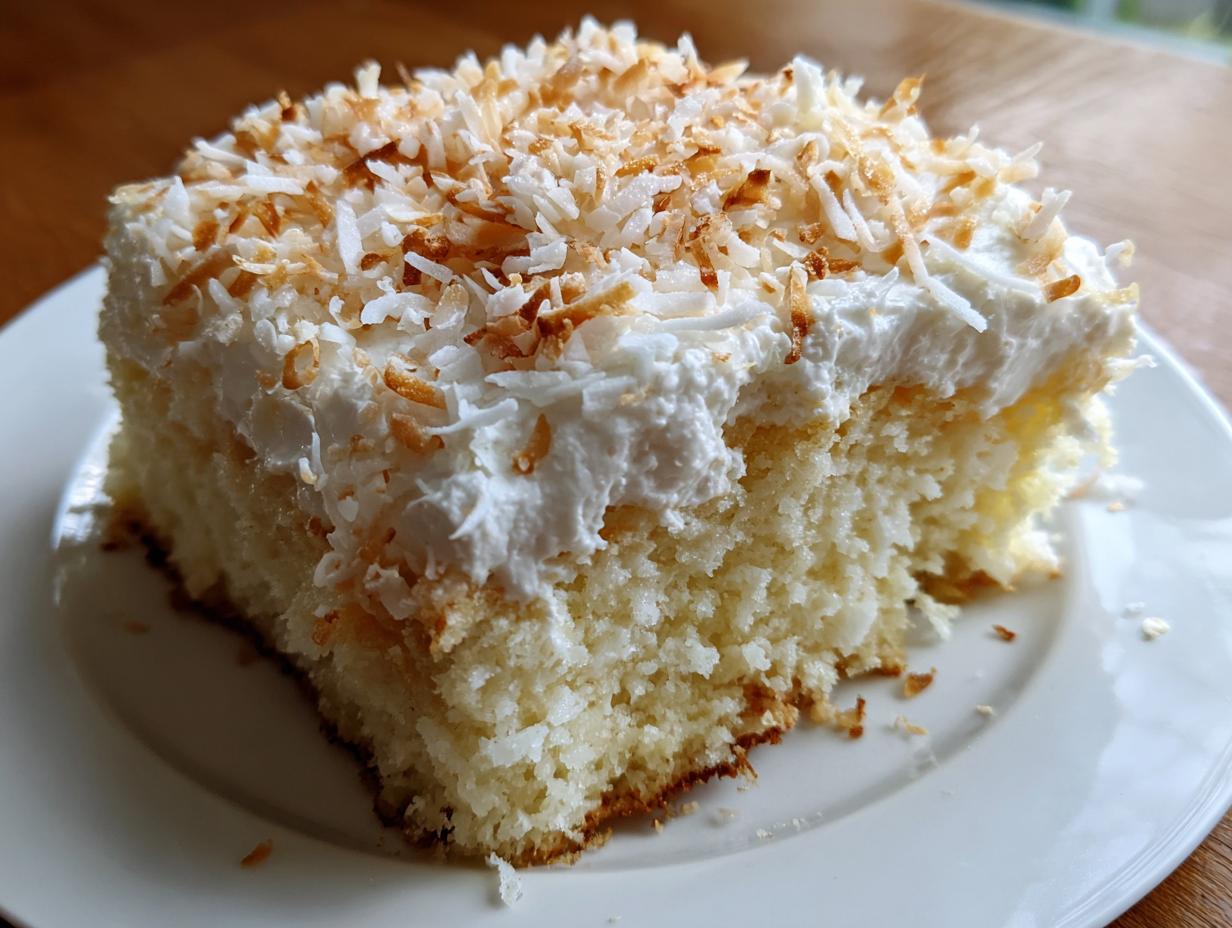Close-up of a moist slice of coconut poke cake topped with white frosting and toasted coconut flakes.