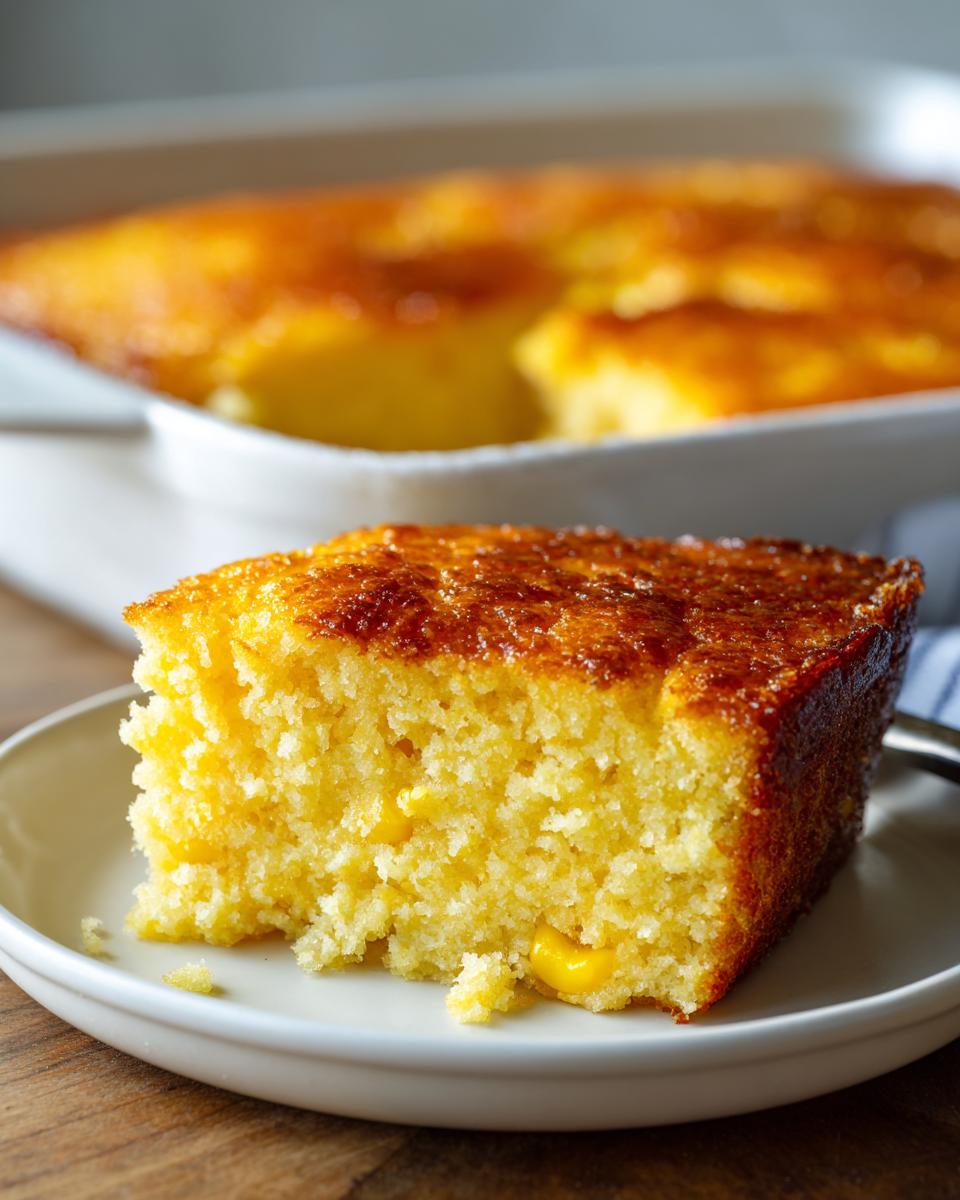 A close-up of a moist slice of cornbread casserole with visible corn kernels on a white plate.