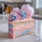 Close-up of a slice of cotton candy cake showing layers of white cake, pink filling, and marbled pink/blue frosting, topped with swirls and real cotton candy.