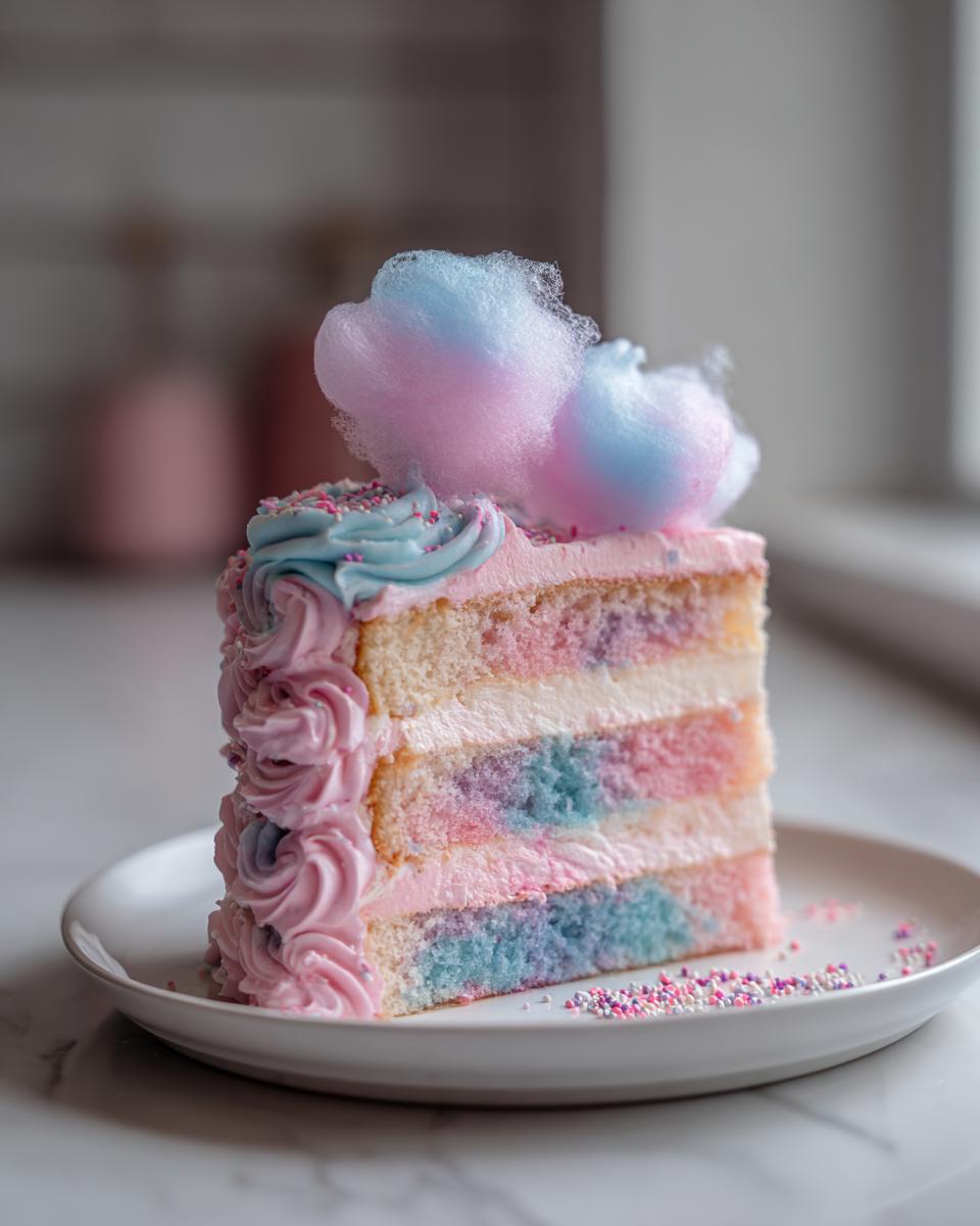 A tall slice of cotton candy cake showing colorful pink and blue layers, topped with frosting and actual cotton candy.