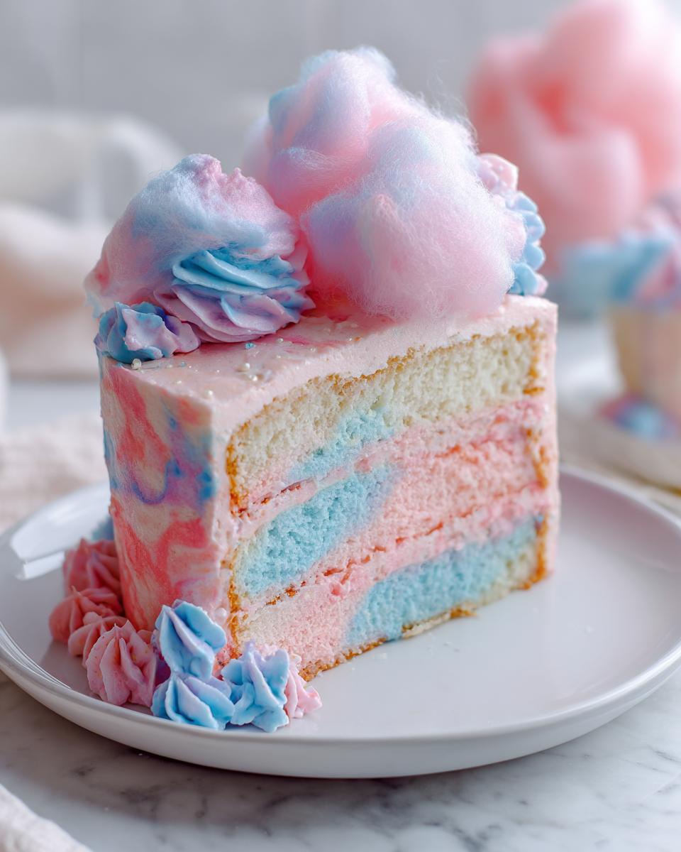 A tall slice of cotton candy cake showing pink and blue marbled layers, topped with fluffy pink and blue cotton candy.