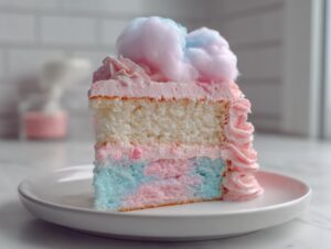 A generous slice of cotton candy cake featuring white, pink, and blue layers, topped with pink frosting and actual cotton candy.